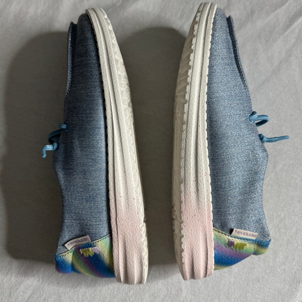 Hey Dude Wendy Sparkle Denim Rainbow Heel Slip On Moc Toe Shoes Youth 6 Womens 7 - Picture 7 of 10